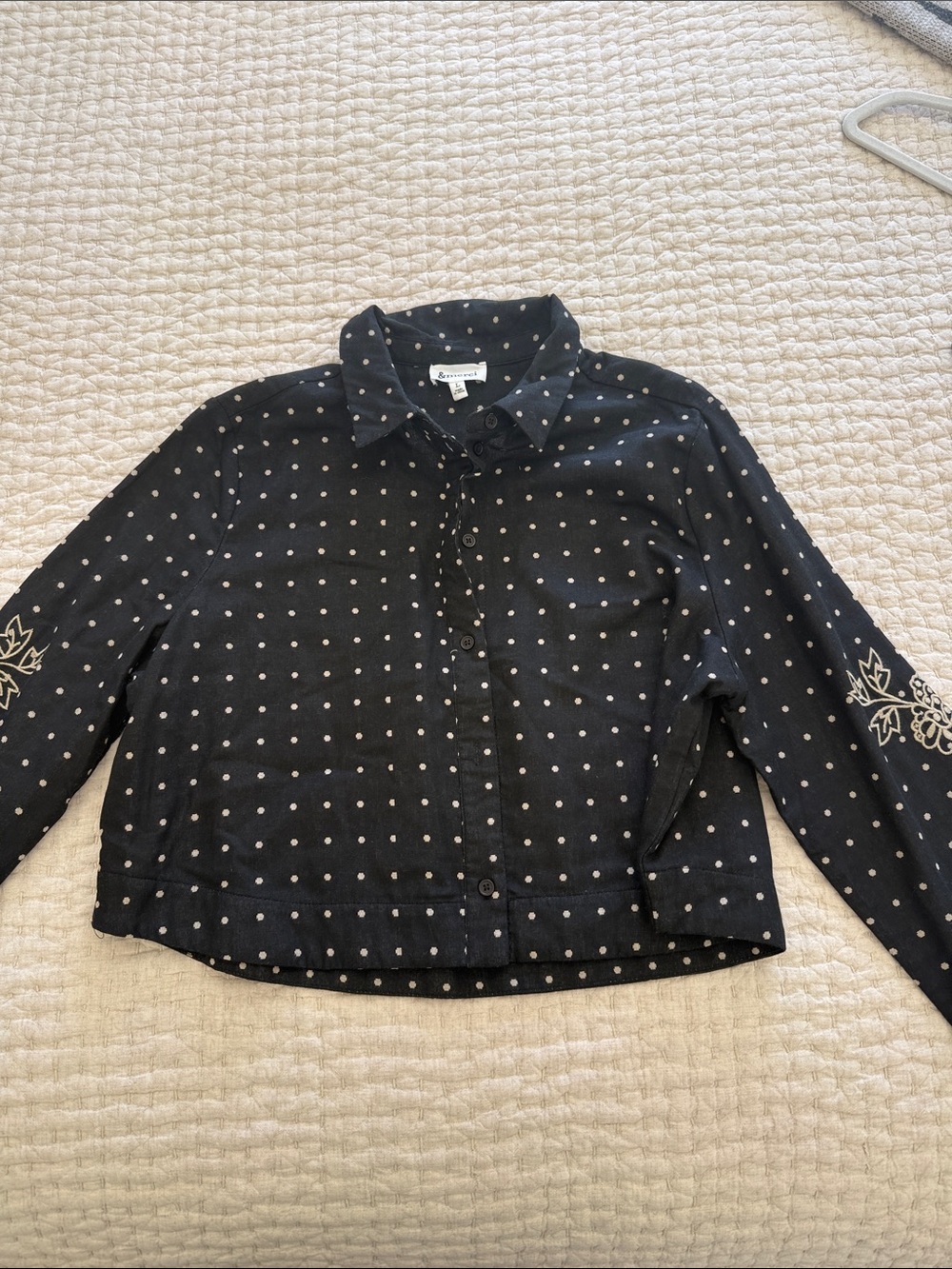 Polka Dot Crop Button-Up Shirt Jacket - Black